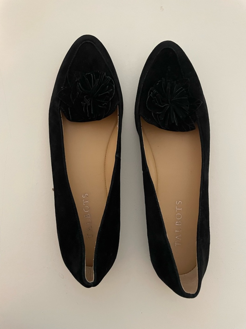 Talbots Black Suede Flats with Flower Accent